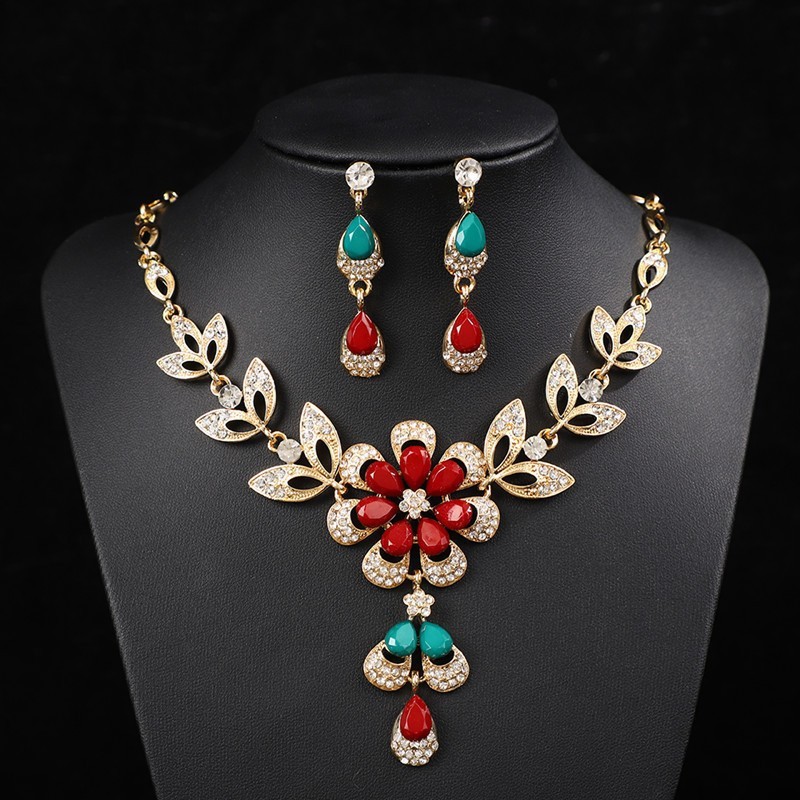Womens Teardrop Floral Tassel Rhinestone Inlaid Jewelry Set,Necklace And Earrings Costume Accessories For Daily Banquet Party Wear