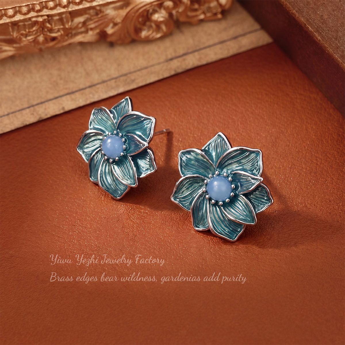 European And American Retro Blue Personalized Three-dimensional Flower Light Luxury Earrings With A High-end Feel, Inlaid With Natural Stones, Niche Stud Earrings