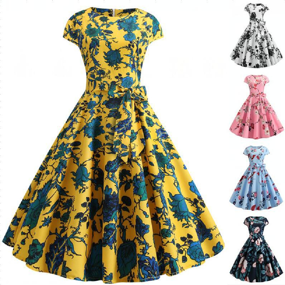 Women's Printed Short-sleeved Lace-up Dress