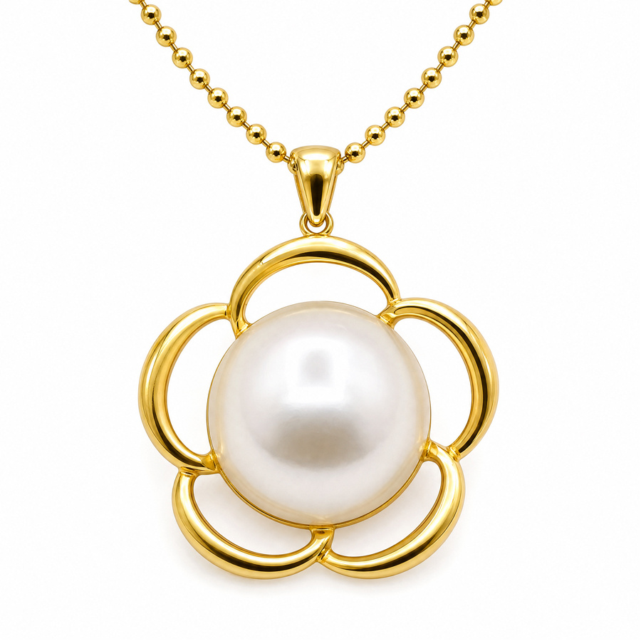Gold Plated Stainless Steel Flower Pearl Pendant Necklace for Women, Hollow Floral Faux Pearl Beaded Chain Necklace, Elegant Wedding Party Statement Jewelry Gift