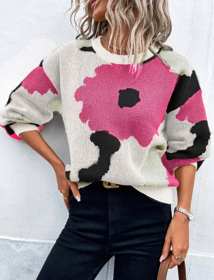 Cross-border European and American Autumn and Winter Round-neck Long-sleeve Knitted Top, Versatile Jacquard Casual Pullover Sweater For Women