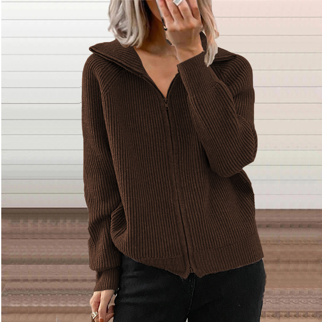 European And American Cross-border Fall And Winter New Style Striped Casual Jackets, Loose Knitted Tops With Zippers, Long-sleeved Lapel Sweaters For Women, Available In 6 Colors.