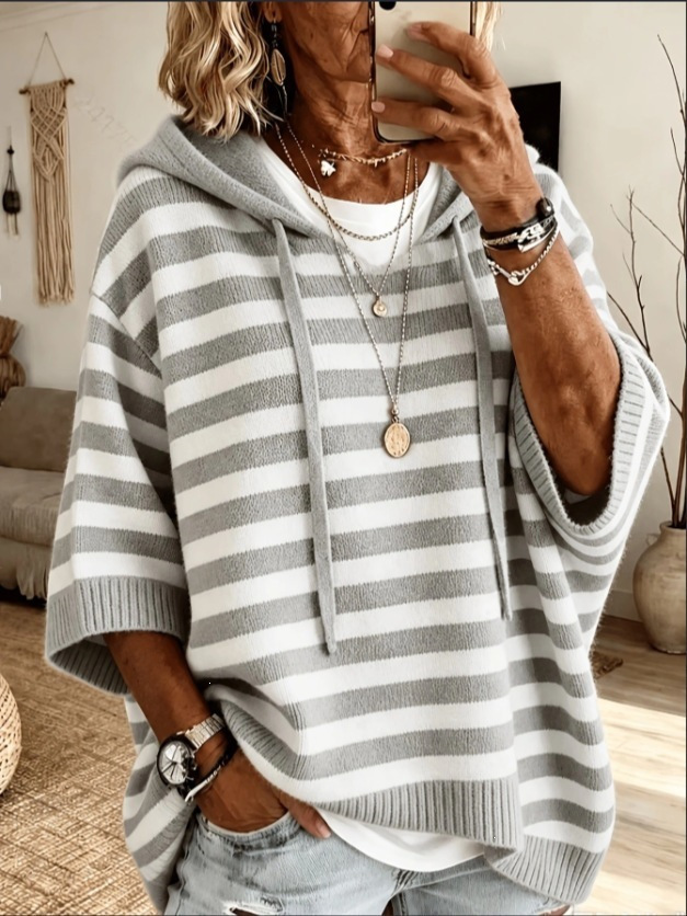 Women's Striped Hooded Knit Pullover - Loose Plus Size 3-4 Sleeve Drawstring Casual Outer Top