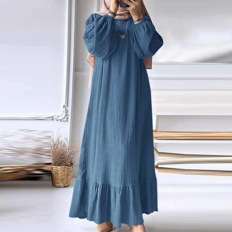 Muslim Women's Wear Robe Vintage Maxi Dress Pure Color Ruffles Dress
