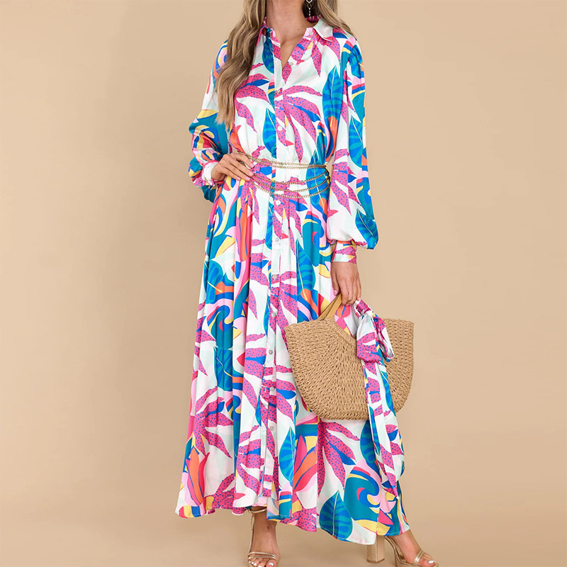 New Printed Dresses Long-sleeved Polo Collar Dresses Women