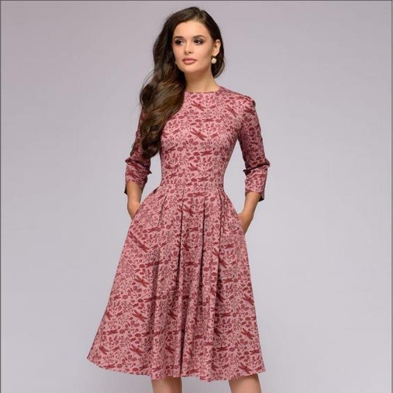 Autumn/Winter Women's A-line Dress Party Retro Small Fragmented Flower 3/4 Sleeve Round Neck Dress