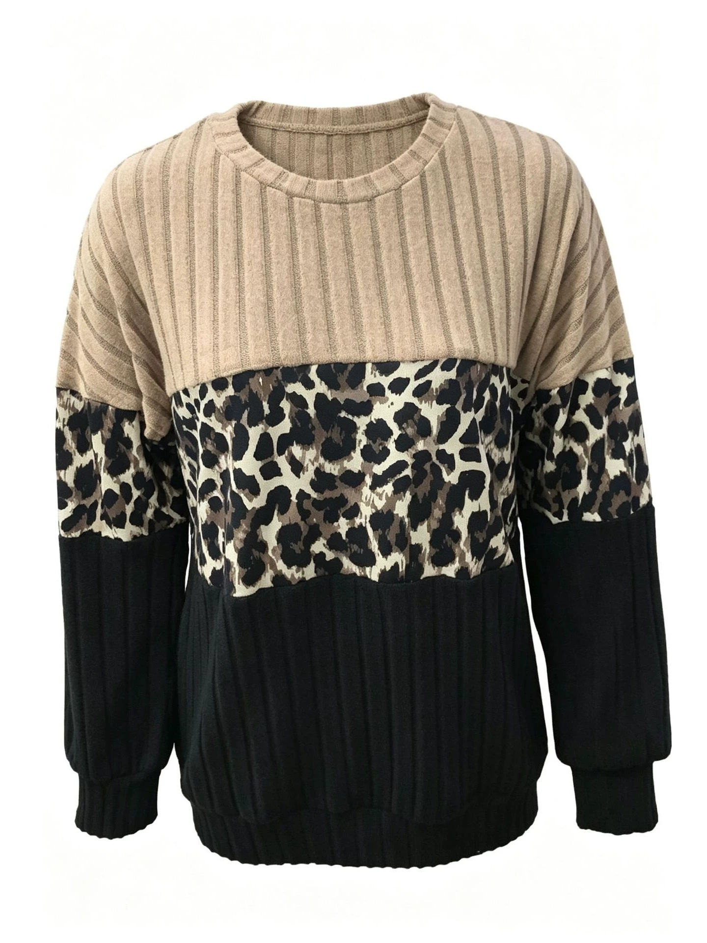 Autumn New Arrival Cross-Border Trade European And American Women's Clothing - Leopard Print Vertical Stripe Textured Round Neck Loose Casual Long Sleeve Sweatshirt