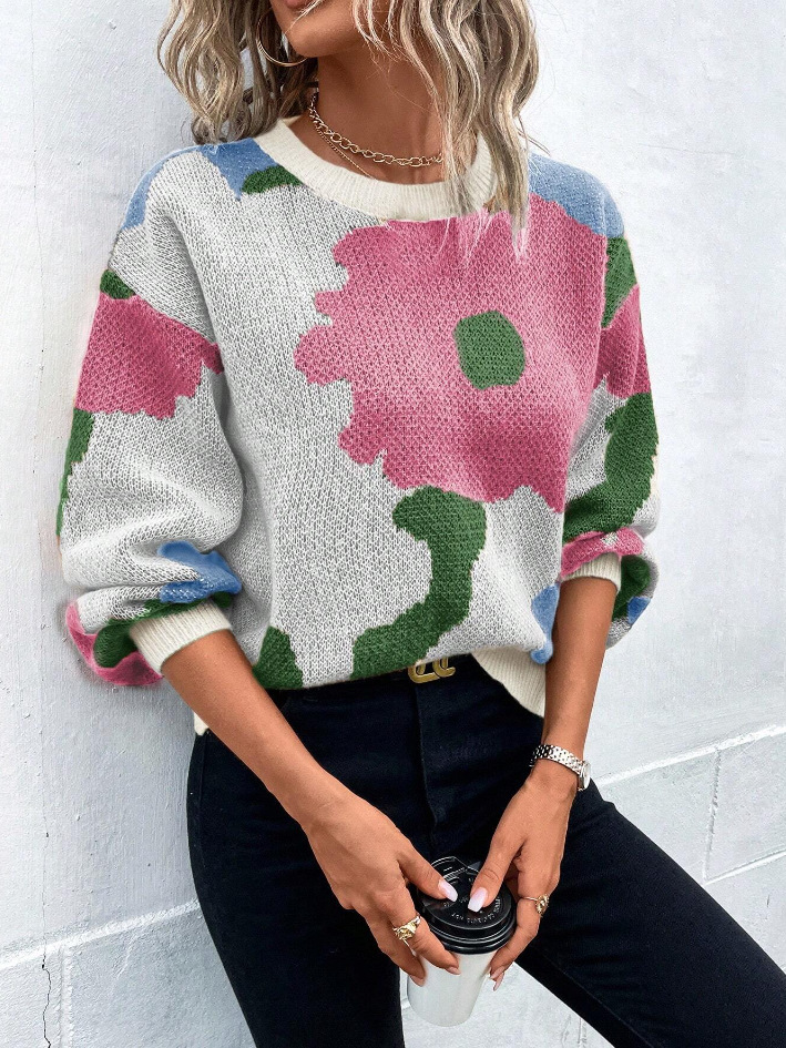 Cross-border European and American Autumn and Winter Round-neck Long-sleeve Knitted Top, Versatile Jacquard Casual Pullover Sweater For Women