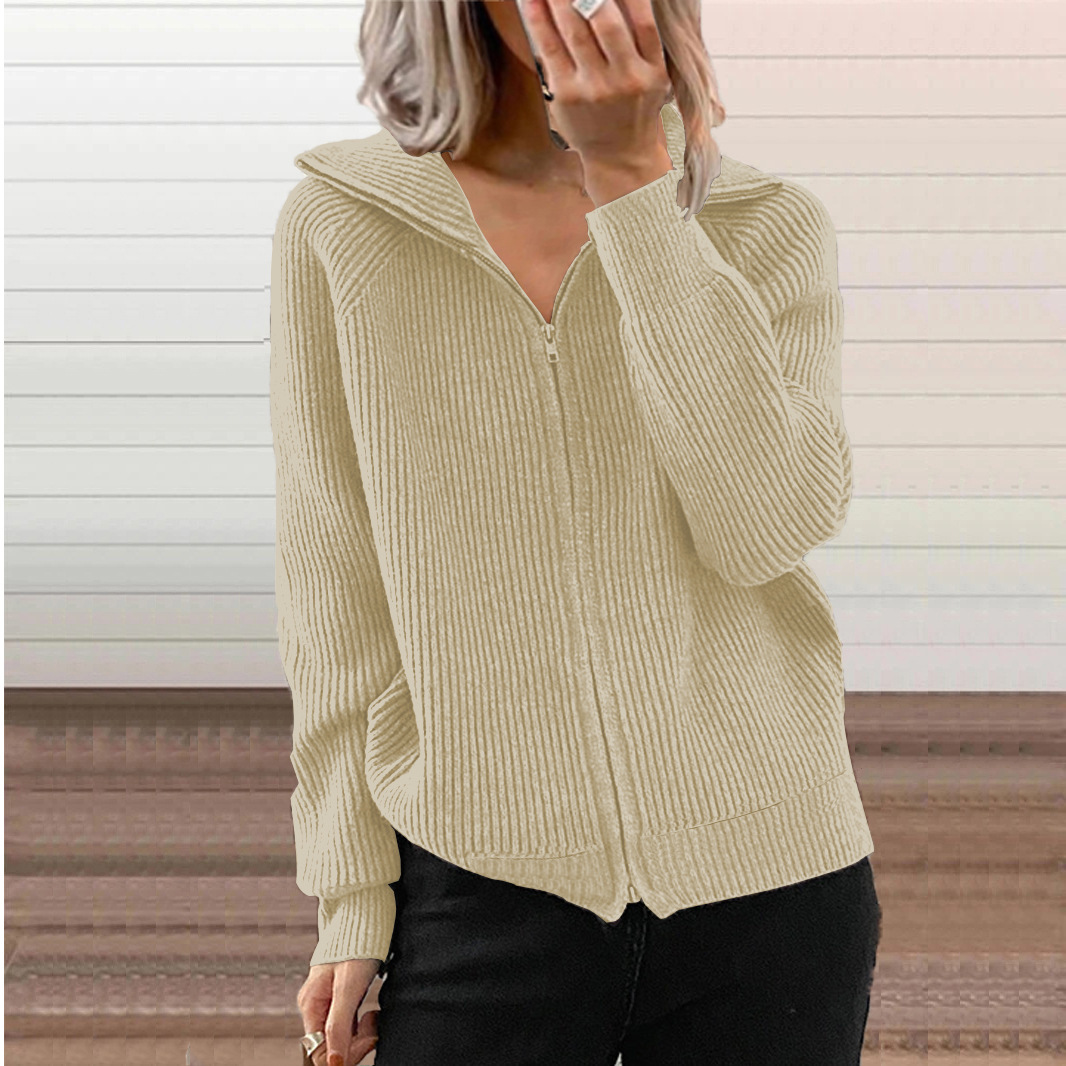 European And American Cross-border Fall And Winter New Style Striped Casual Jackets, Loose Knitted Tops With Zippers, Long-sleeved Lapel Sweaters For Women, Available In 6 Colors.