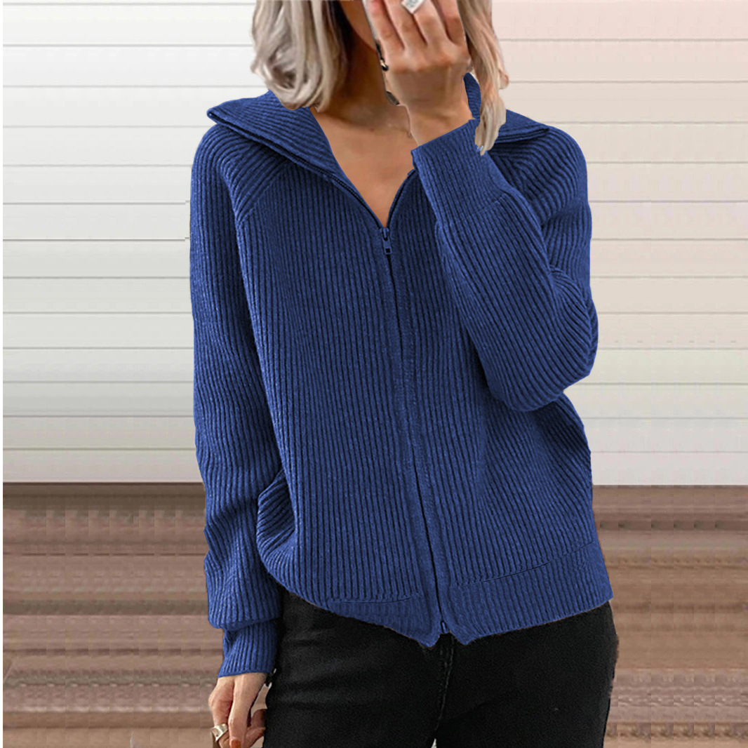 European And American Cross-border Fall And Winter New Style Striped Casual Jackets, Loose Knitted Tops With Zippers, Long-sleeved Lapel Sweaters For Women, Available In 6 Colors.