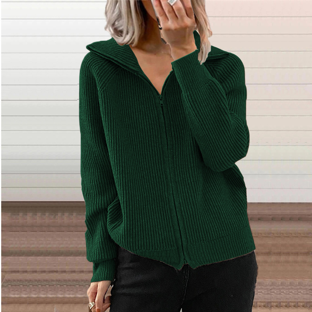 European And American Cross-border Fall And Winter New Style Striped Casual Jackets, Loose Knitted Tops With Zippers, Long-sleeved Lapel Sweaters For Women, Available In 6 Colors.