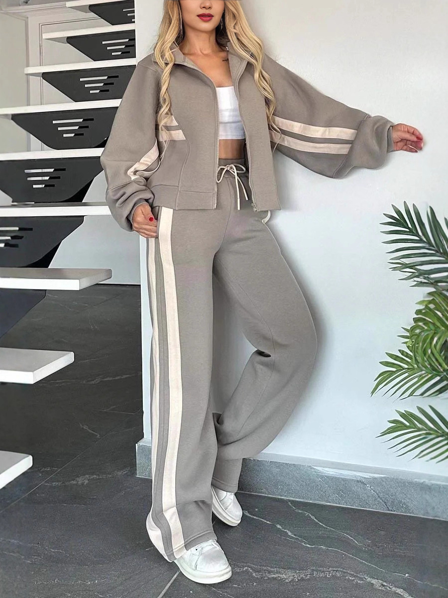 European And American Cross-Border Amazon Autumn Striped Zip-Up Jacket Casual Sports Suit For Women