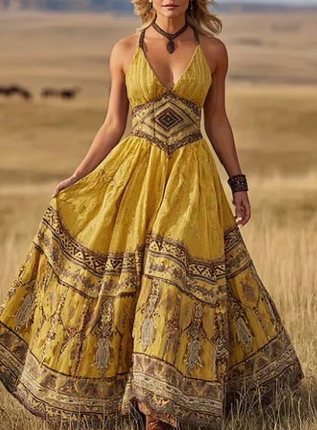 Deep V-neck Fitted Waist Full Skirt Sleeveless Long Vacation Dress For Women