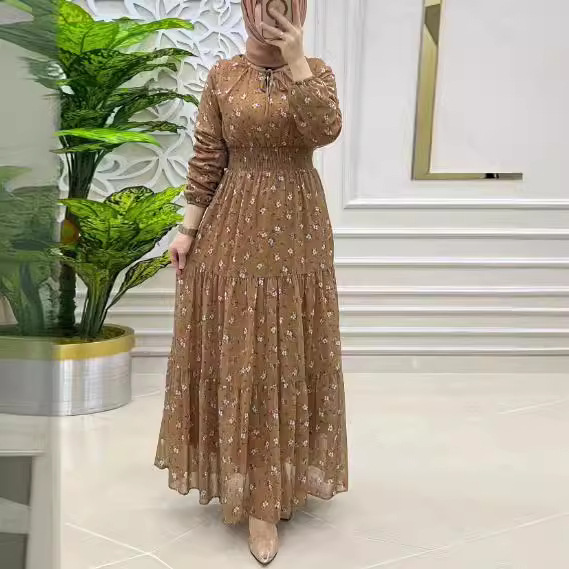 Women's Middle East Muslim Chiffon Flower Smocking Long Fashion Elegant Dress
