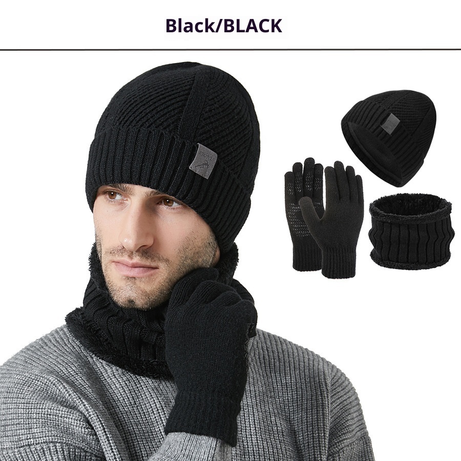 Winter New Thickened Men's Hat Scarf Gloves Three-piece Set