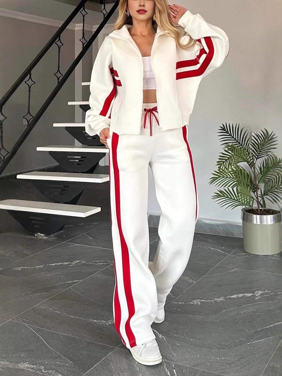 European And American Cross-Border Amazon Autumn Striped Zip-Up Jacket Casual Sports Suit For Women