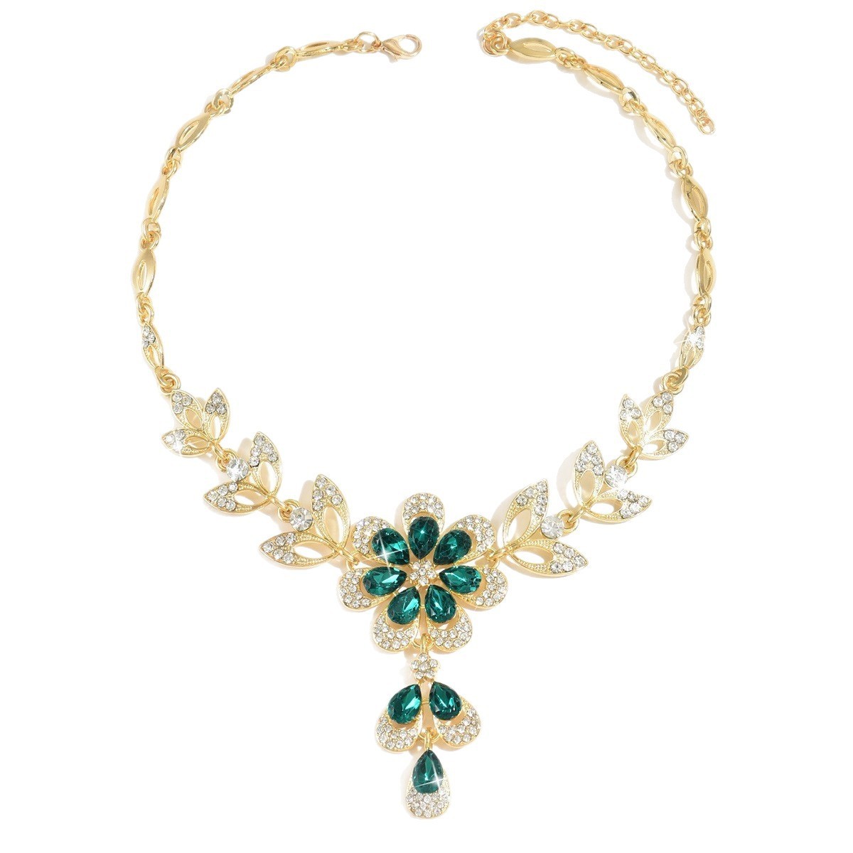 Womens Teardrop Floral Tassel Rhinestone Inlaid Jewelry Set,Necklace And Earrings Costume Accessories For Daily Banquet Party Wear