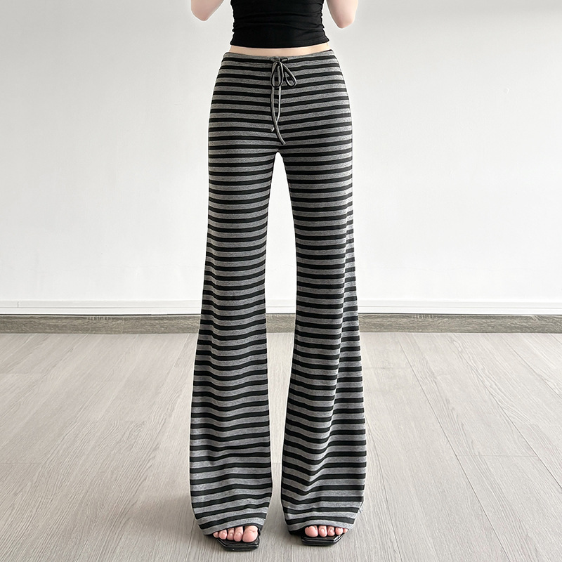 American-style Retro Color-block Striped Tie-detail Boot-cut Lounge Pants