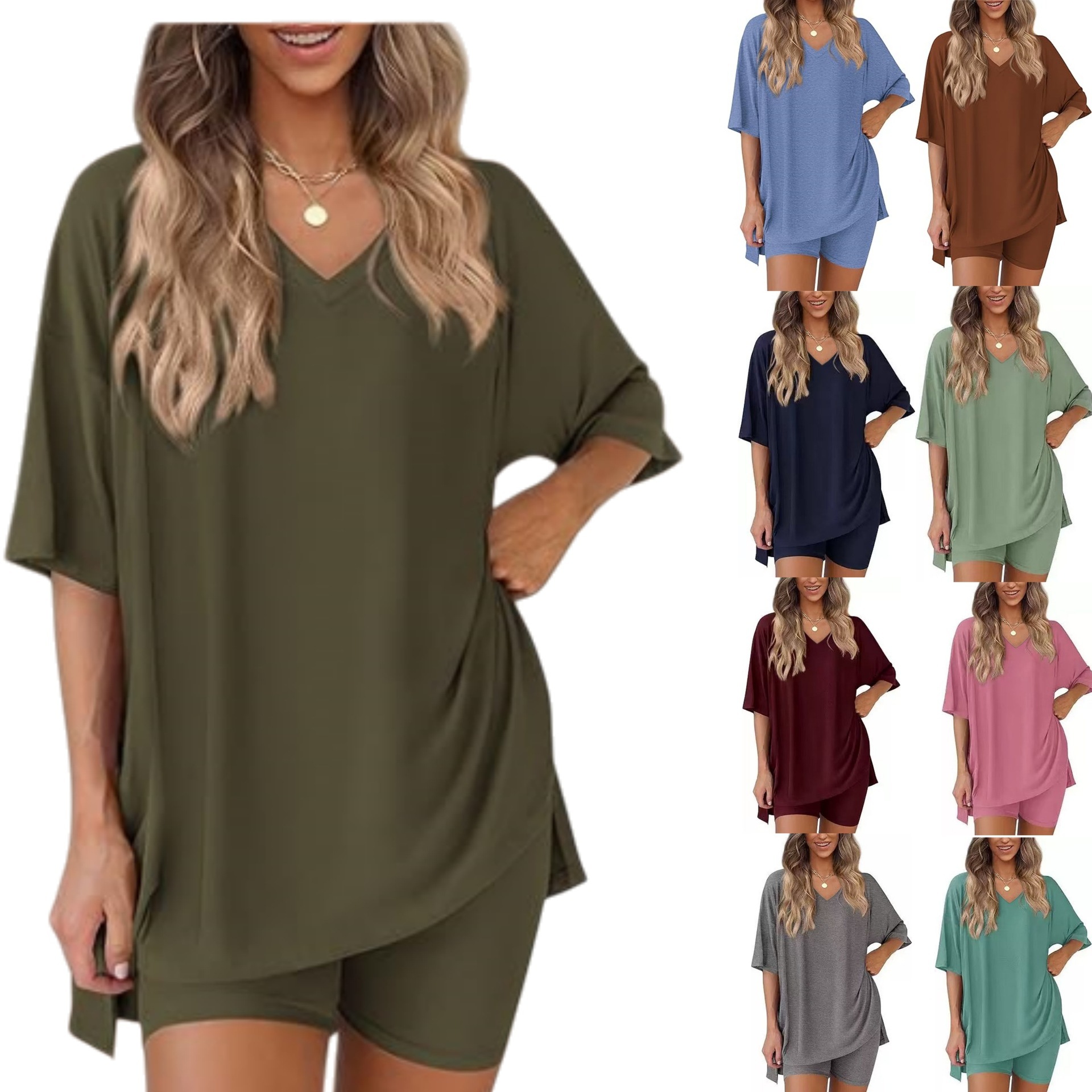 Comfortable And Stylish Womens Casual V-neck Loose-fit T-shirt And Elastic-waist Shorts Set For Home Wear