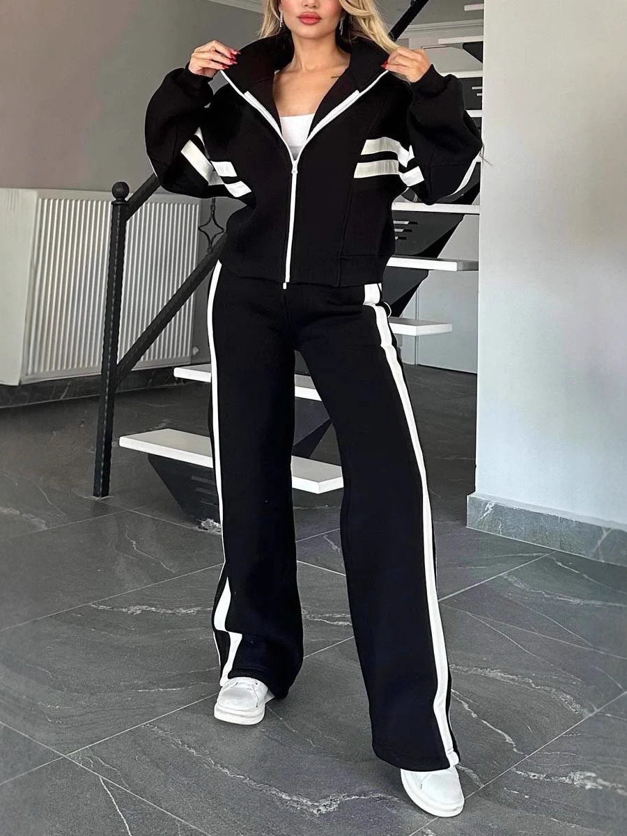 European And American Cross-Border Amazon Autumn Striped Zip-Up Jacket Casual Sports Suit For Women