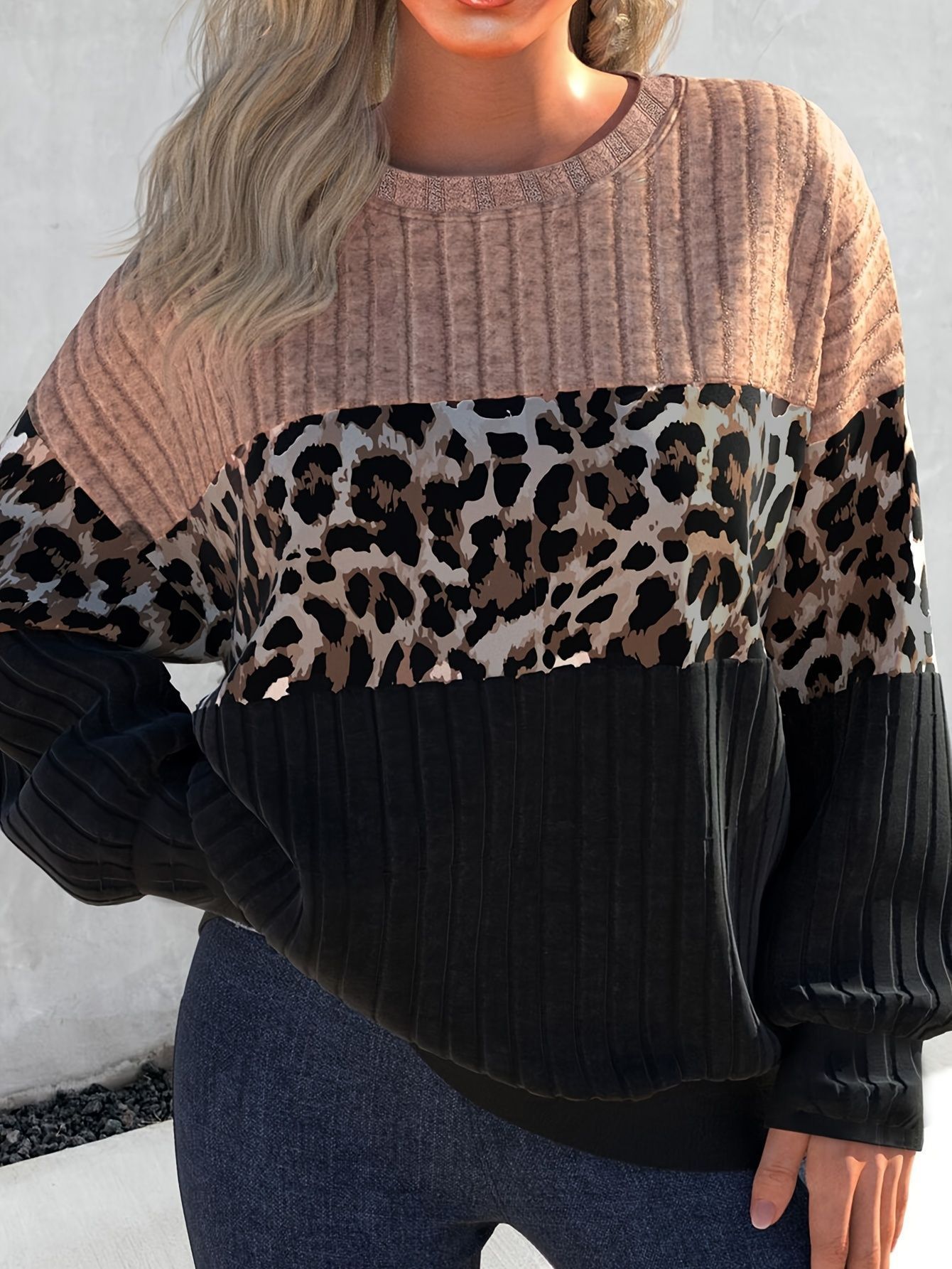 Autumn New Arrival Cross-Border Trade European And American Women's Clothing - Leopard Print Vertical Stripe Textured Round Neck Loose Casual Long Sleeve Sweatshirt