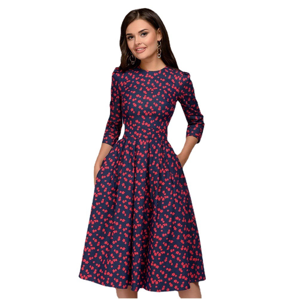 Autumn/Winter Women's A-line Dress Party Retro Small Fragmented Flower 3/4 Sleeve Round Neck Dress