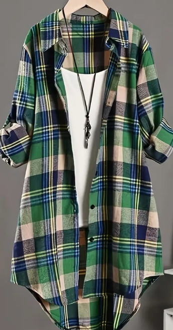 Stylish Plaid Print Womens Shirt - Classic Polo Collar With Button Closure - Long Sleeve Casual Wear For Spring &amp; Fall - A Wardrobe Staple For Trendy Ladies
