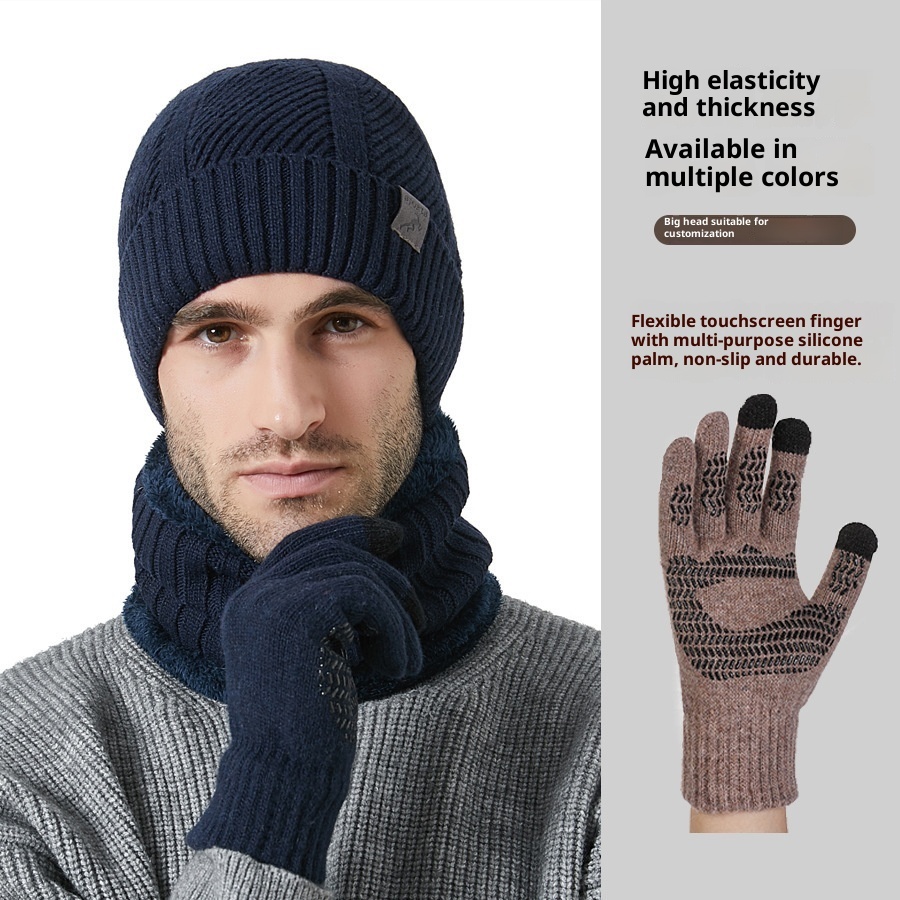 Winter New Thickened Men's Hat Scarf Gloves Three-piece Set
