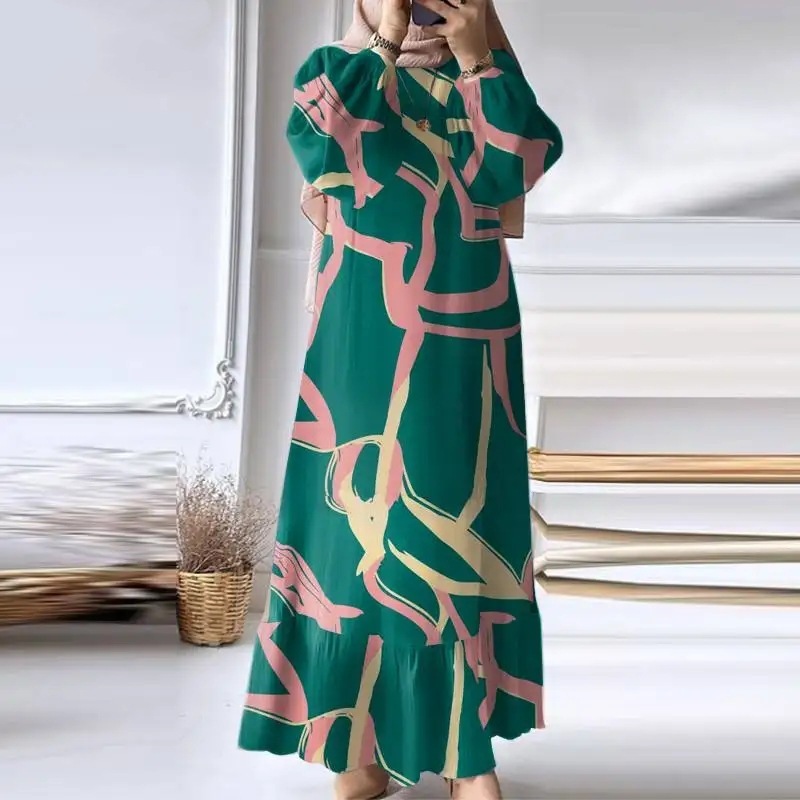 Muslim Women's Wear Robe Vintage Maxi Dress Pure Color Ruffles Dress