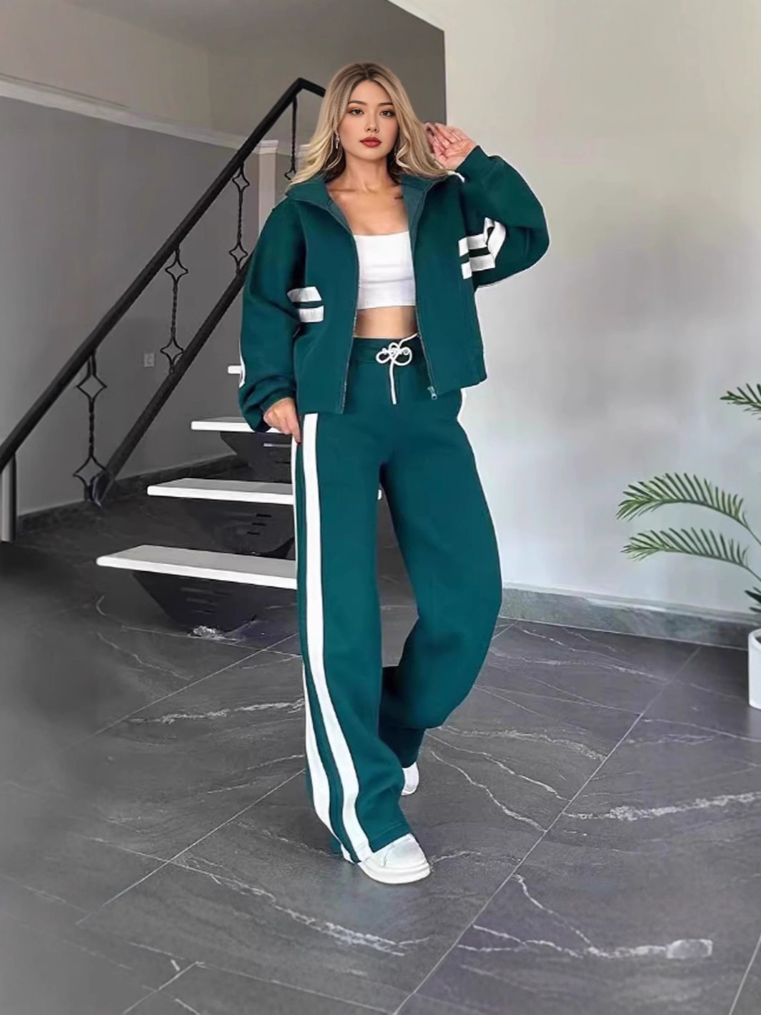 European And American Cross-Border Amazon Autumn Striped Zip-Up Jacket Casual Sports Suit For Women