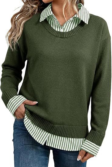 Look Striped Patchwork Sweater For Women, Loose Pullover Knit Top, European And American Style Long Sleeve Shirt