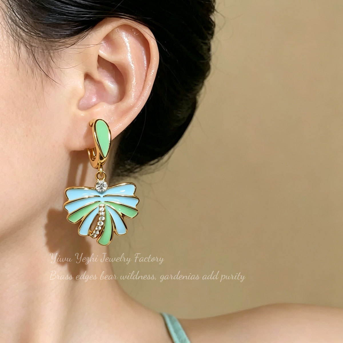 Cross-border European And American Oil-drip Firework Zircon Earrings, Light Luxury Spring-summer High-end Ear Cuffs, Fresh Mint Green Versatile Earrings