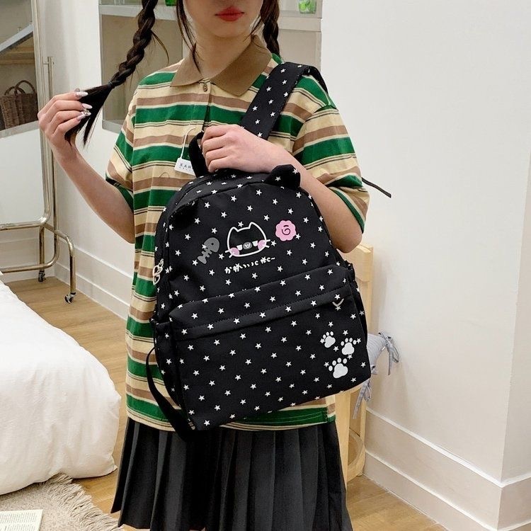 Cartoon Ins Cat Ear Backpack For Female Niche Design, Cute Little Cat Polka Dot Student Backpack, Large Capacity - Black