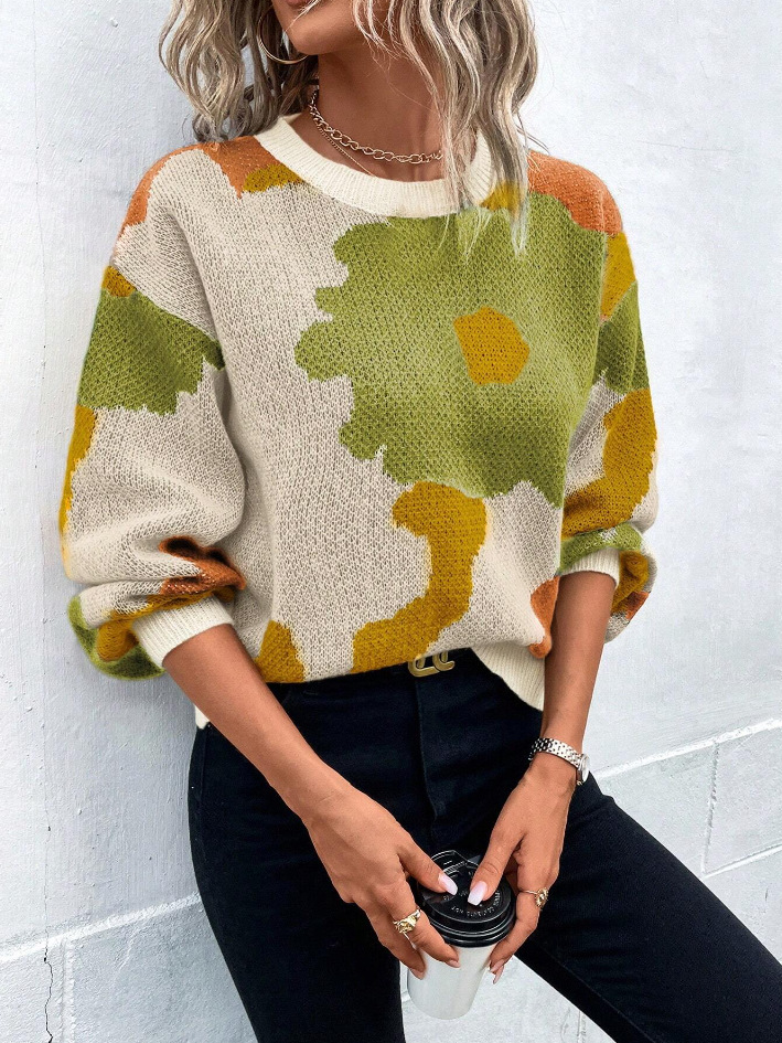 Cross-border European and American Autumn and Winter Round-neck Long-sleeve Knitted Top, Versatile Jacquard Casual Pullover Sweater For Women