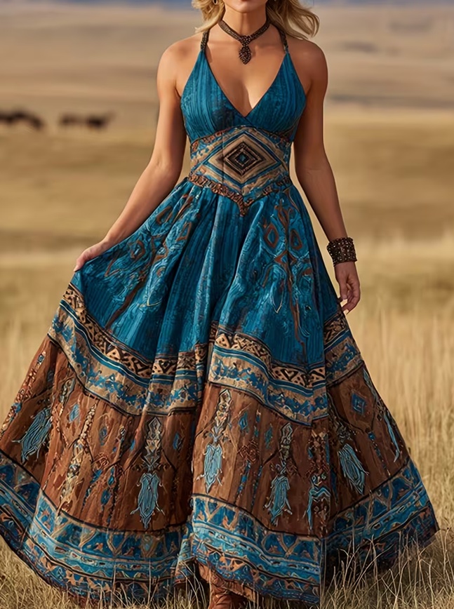 Deep V-neck Fitted Waist Full Skirt Sleeveless Long Vacation Dress For Women