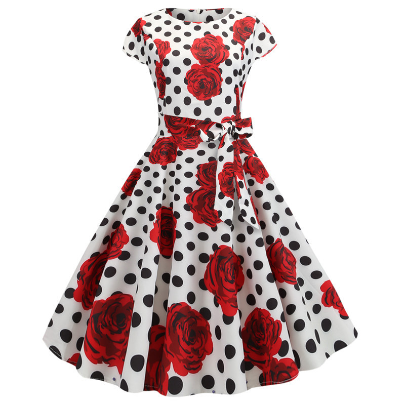 Women's Printed Short-sleeved Lace-up Dress