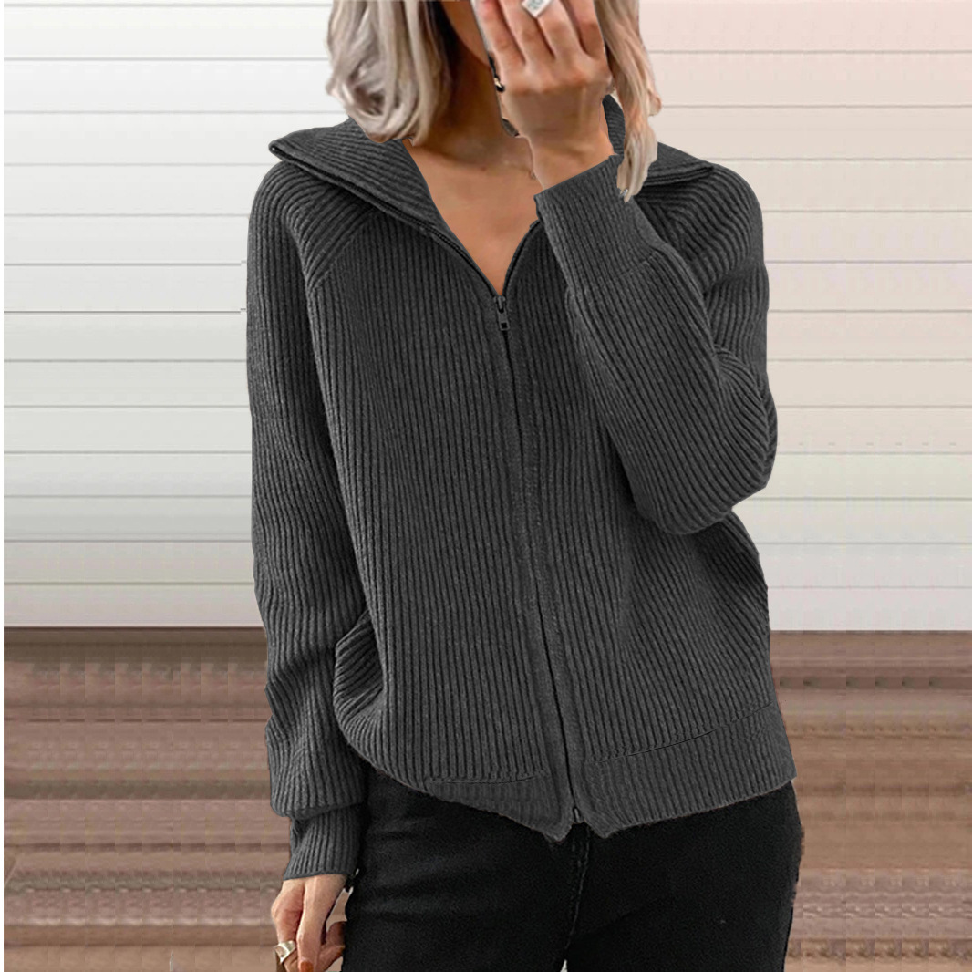 European And American Cross-border Fall And Winter New Style Striped Casual Jackets, Loose Knitted Tops With Zippers, Long-sleeved Lapel Sweaters For Women, Available In 6 Colors.
