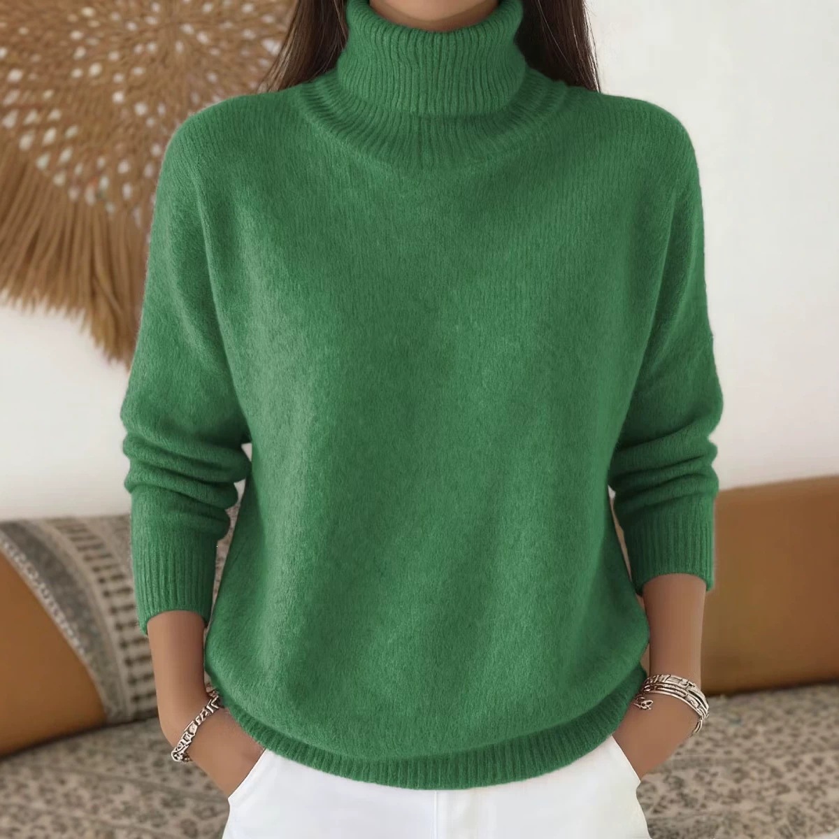 Fashion Ladies Solid Color Casual Knitted Turtleneck Pullover