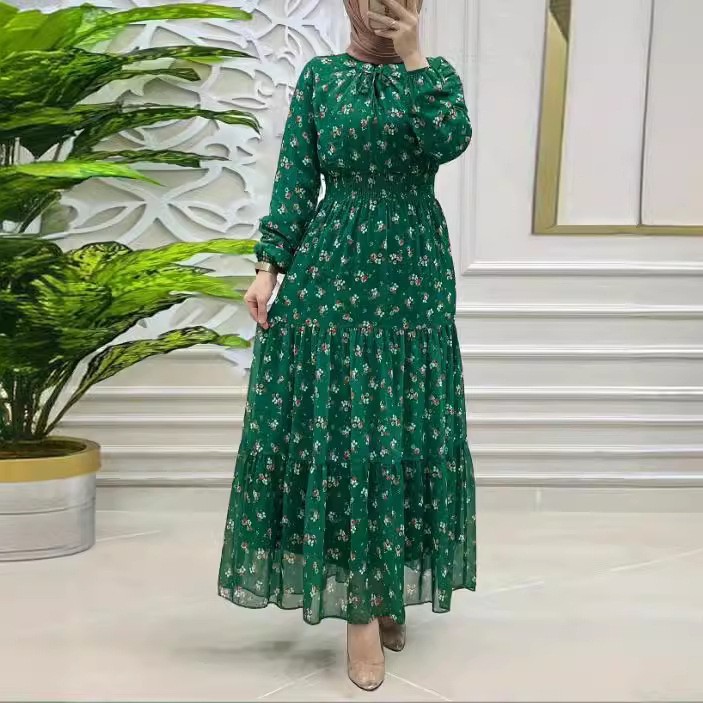 Women's Middle East Muslim Chiffon Flower Smocking Long Fashion Elegant Dress