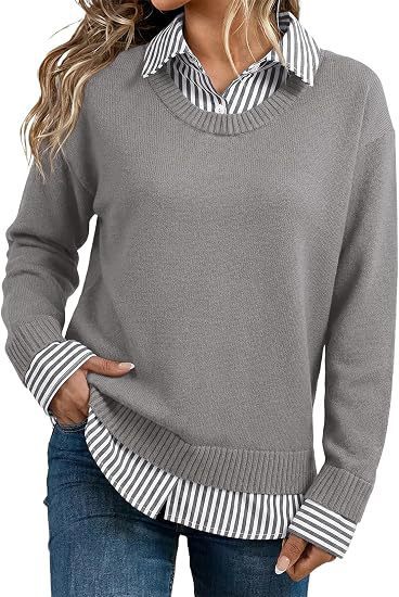 Look Striped Patchwork Sweater For Women, Loose Pullover Knit Top, European And American Style Long Sleeve Shirt