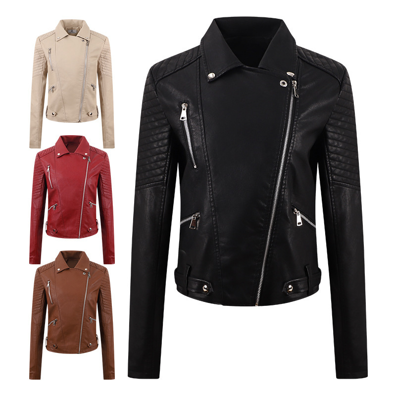 Women's Short Leather Oblique Pull Slim Clothing Leather Jacket