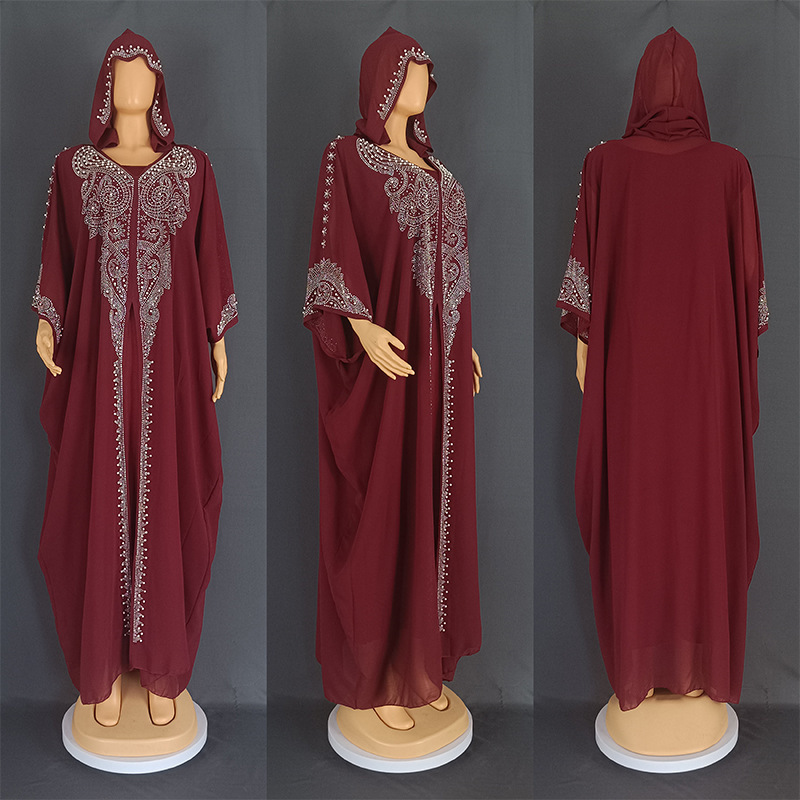 Rhinestone Beaded Muslim Long Gown African Hooded Dress