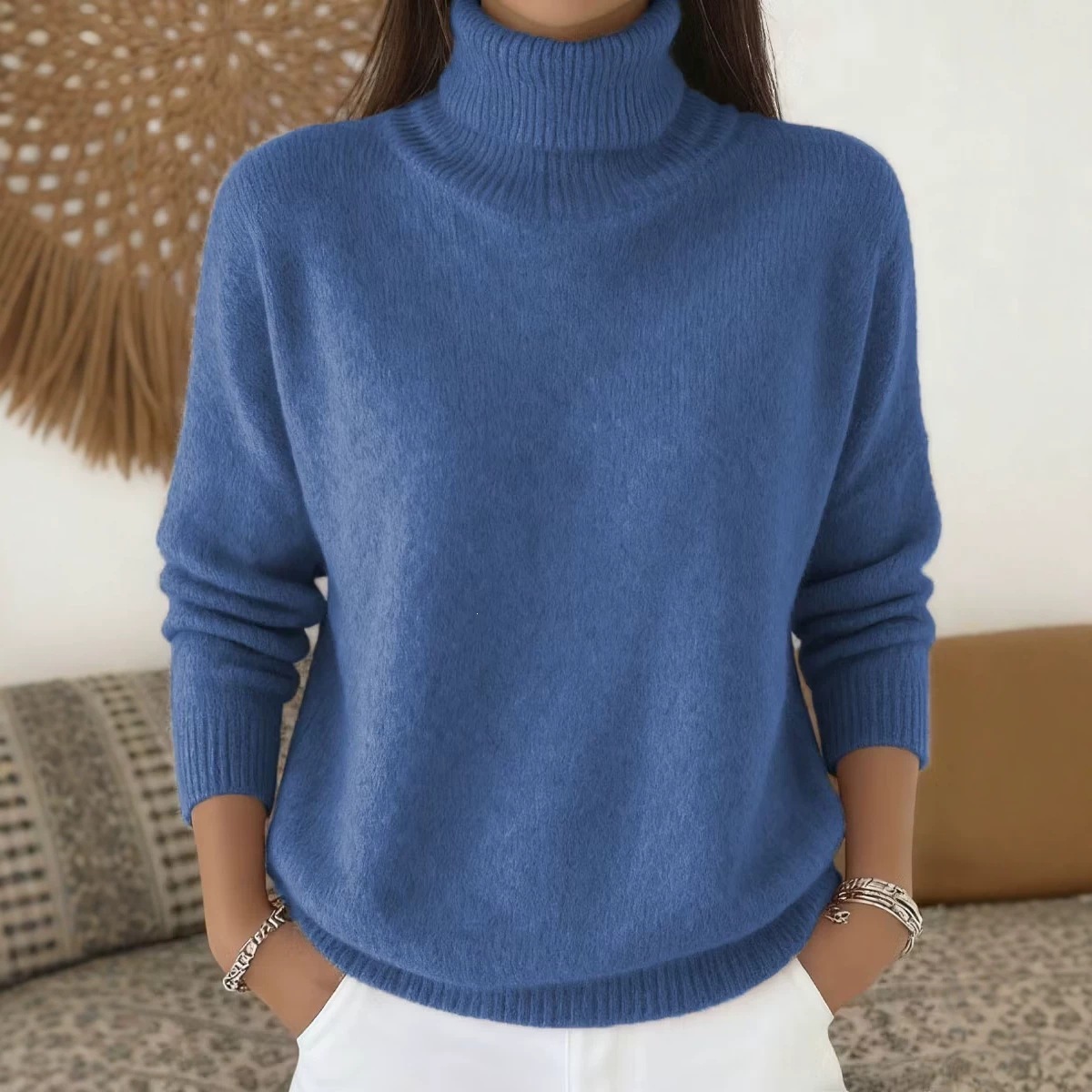 Fashion Ladies Solid Color Casual Knitted Turtleneck Pullover