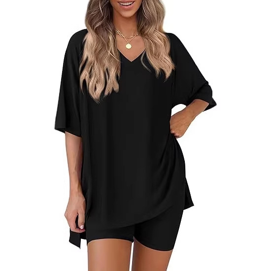 Comfortable And Stylish Womens Casual V-neck Loose-fit T-shirt And Elastic-waist Shorts Set For Home Wear