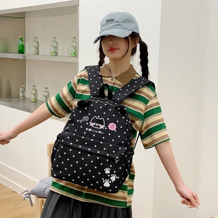 Cartoon Ins Cat Ear Backpack For Female Niche Design, Cute Little Cat Polka Dot Student Backpack, Large Capacity - Black