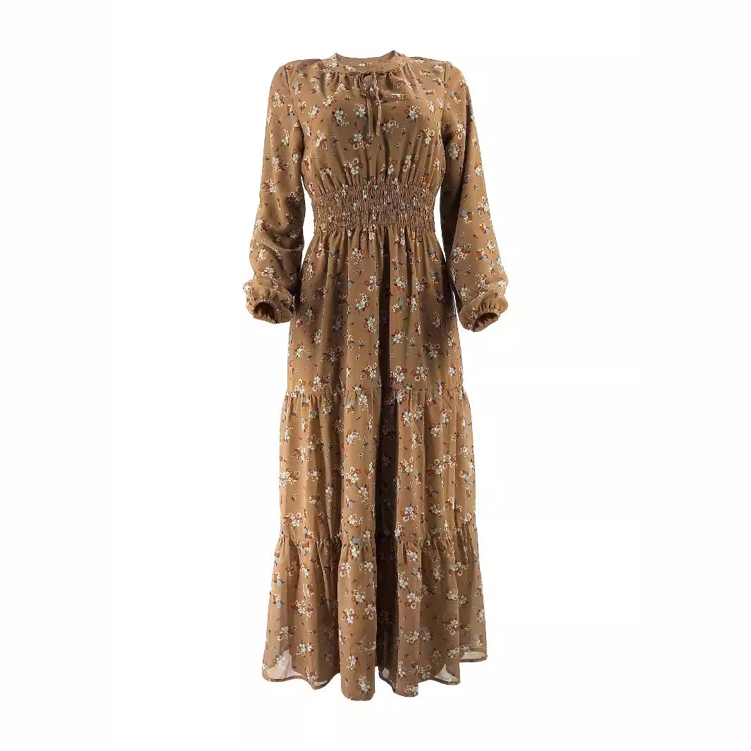 Women's Middle East Muslim Chiffon Flower Smocking Long Fashion Elegant Dress