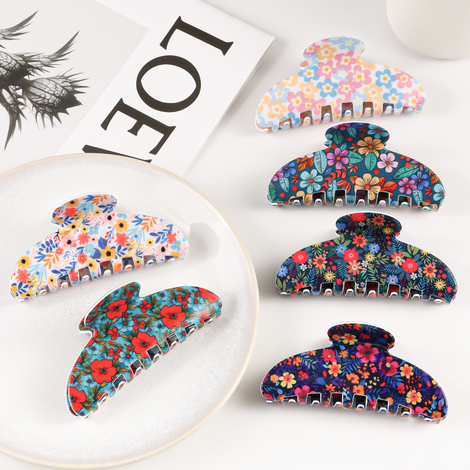 Goleshi Accessories Spring Floral Print Hair Clip Romantic Sweet Small Chrysanthemum Bun Maker Shark Clip Hair Accessory