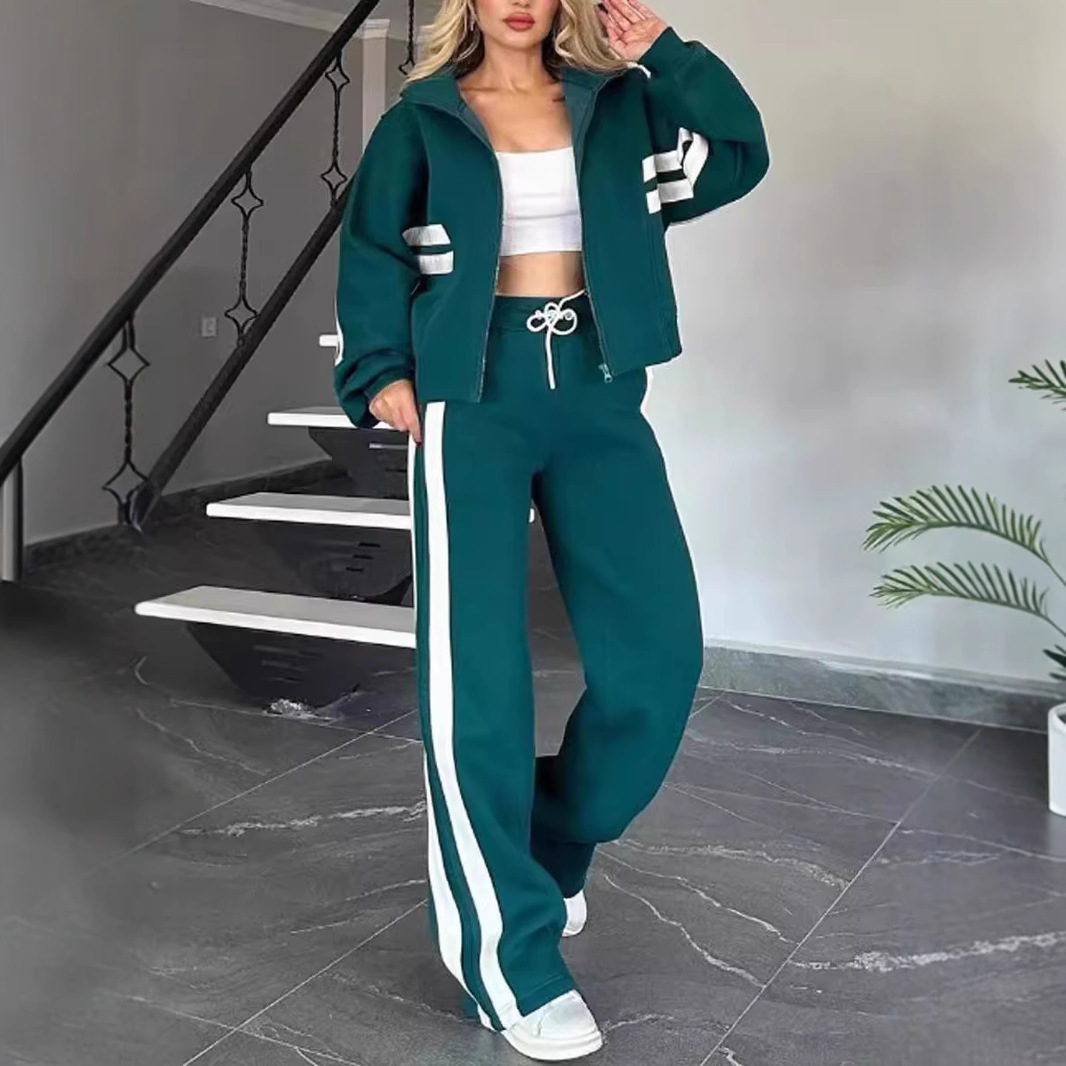 European And American Cross-Border Amazon Autumn Striped Zip-Up Jacket Casual Sports Suit For Women