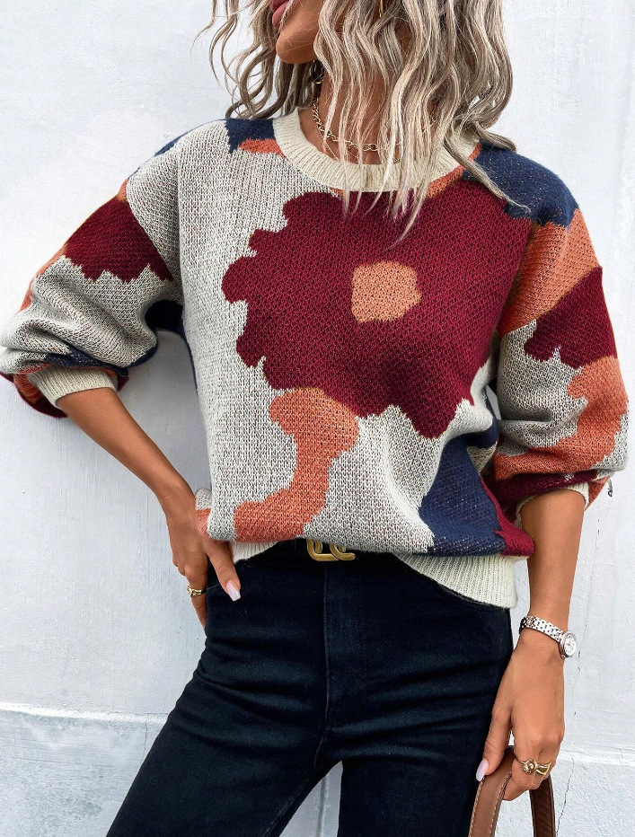 Cross-border European and American Autumn and Winter Round-neck Long-sleeve Knitted Top, Versatile Jacquard Casual Pullover Sweater For Women
