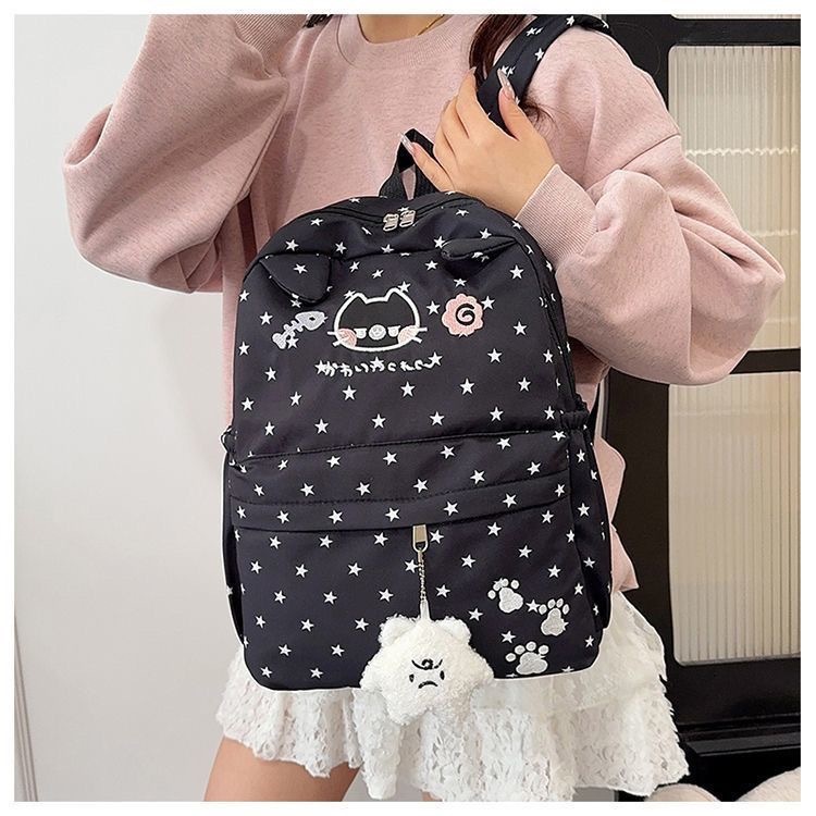 Cartoon Ins Cat Ear Backpack For Female Niche Design, Cute Little Cat Polka Dot Student Backpack, Large Capacity - Black